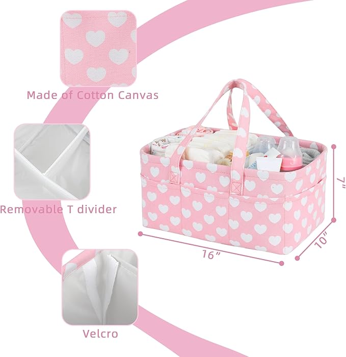 Diaper Caddy Organizer for Baby Girl-Nursery Storage Bin-Portable Car Organizer for Diapers and Baby Wipes- Baby Shower Registry Basket Newborn Must Have Tote Caddy Bag（Pink Heart）