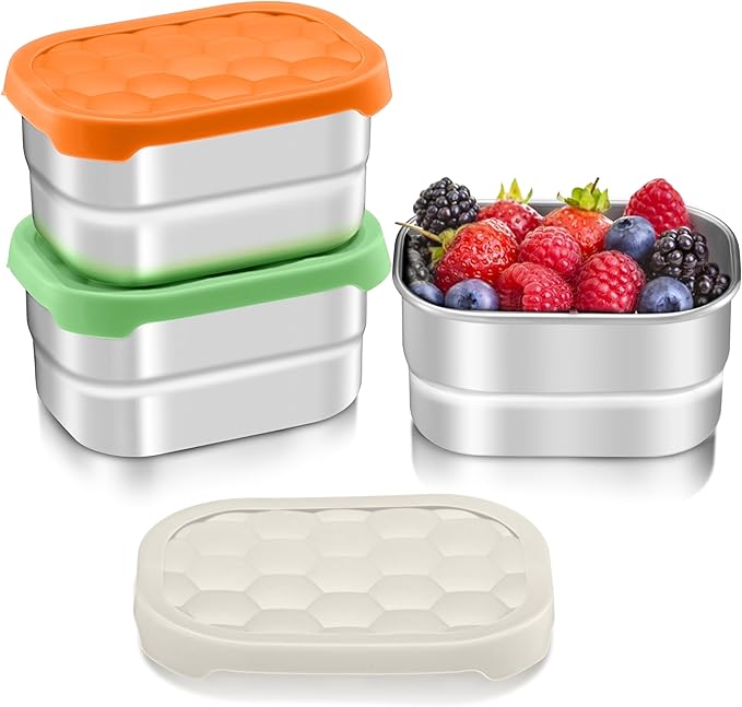 HaWare Stainless Steel Snack Containers for Toddlers and Kids, 8 oz Leak Proof Food Storage Containers with Colorful Silicone Lids, Stackable Small Metal Lunch Box for Daycare and School- 3 Packs