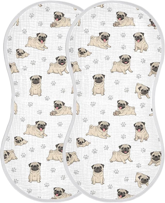 2 Pack Muslin Burp Cloths Pugs Dog Paw White Cotton Baby Burp Cloths Ultra Soft Burping Cloth Absorbent Spit Up Rags for Newborn Boys Girls 22x11 Inch