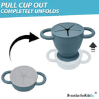 BraveJusticeKidsCo | Snack Attack II Snack Cup | Collapsible Silicone Snack Container | Toddler and Baby Snack Catcher Lid (Blue Steel)