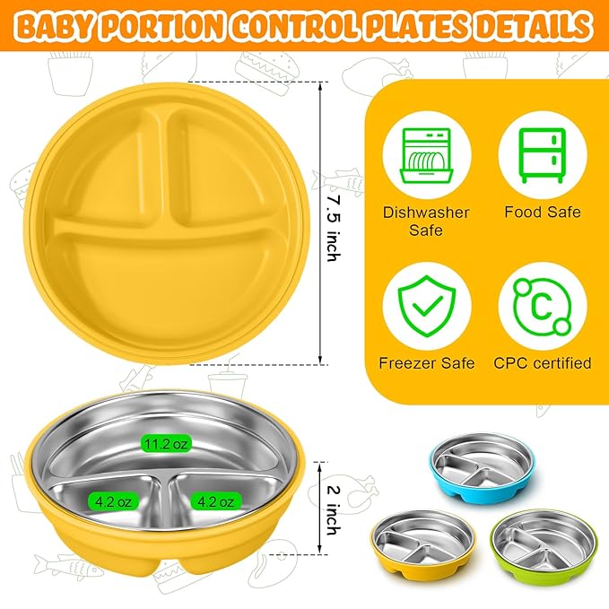 Nuogo 3 Pcs Stainless Steel Baby Suction Plates with Removable Silicone Shell 2-in-1 Metal Toddler Bowl Divided for Picky Eaters Kid Feeding Led Weaning Supply, Dishwasher Safe (Yellow,Blue,Green)