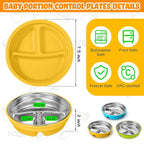 Nuogo 3 Pcs Stainless Steel Baby Suction Plates with Removable Silicone Shell 2-in-1 Metal Toddler Bowl Divided for Picky Eaters Kid Feeding Led Weaning Supply, Dishwasher Safe (Yellow,Blue,Green)