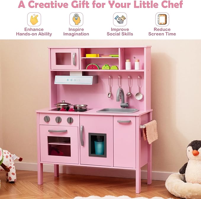 HONEY JOY Kids Kitchen Playset, Wooden Play Kitchen for Toddlers, Microwave, Range Hood, Ice Maker, 18 Cooking Accessories, Little Chef Pretend Play Toy Kitchen Set, Gift for Boys Girls, Dark Pink