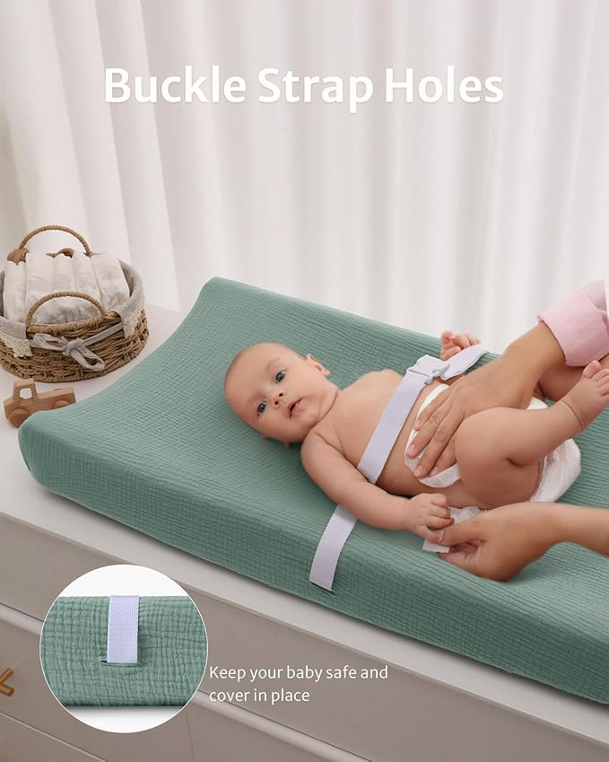 Blissful Diary Muslin Changing Pad Cover for Girls Boys, Ultra Soft Breathable Cotton, Baby Diaper Change Table Pad Covers, 2Pack (Roman Green&Leaf)