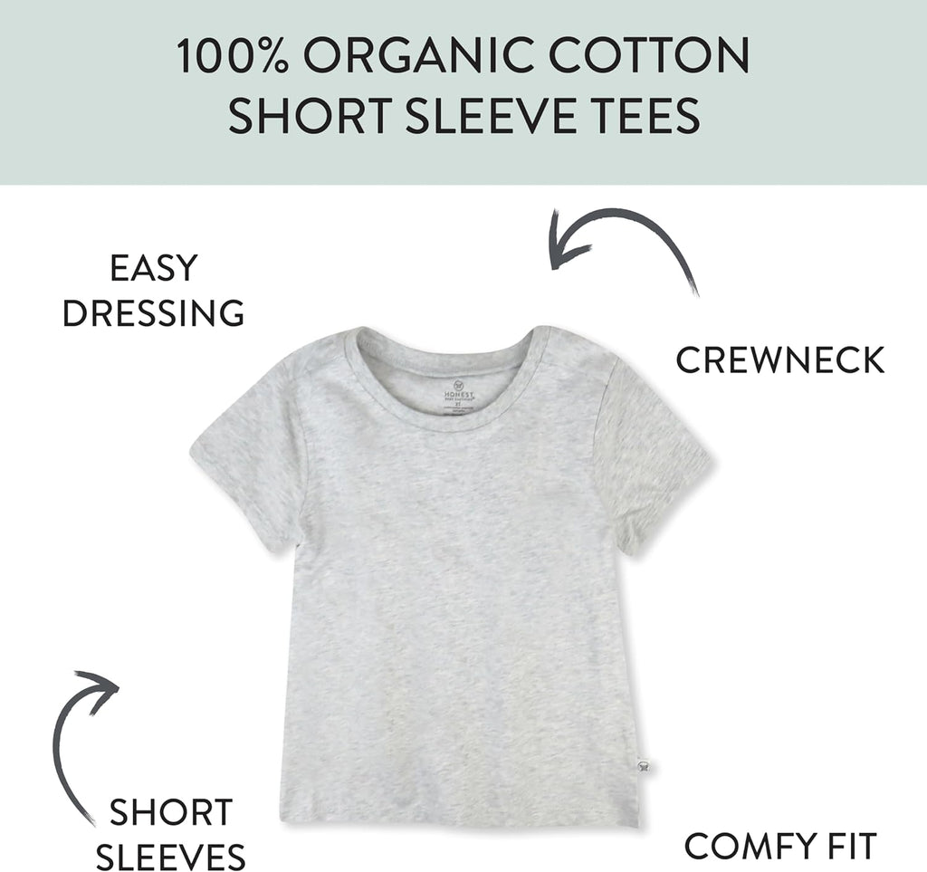 HonestBaby 5-Pack Short Sleeve T-Shirts 100% Organic Cotton Baby, Toddler, Little Kid, Boy, Girl, Unisex