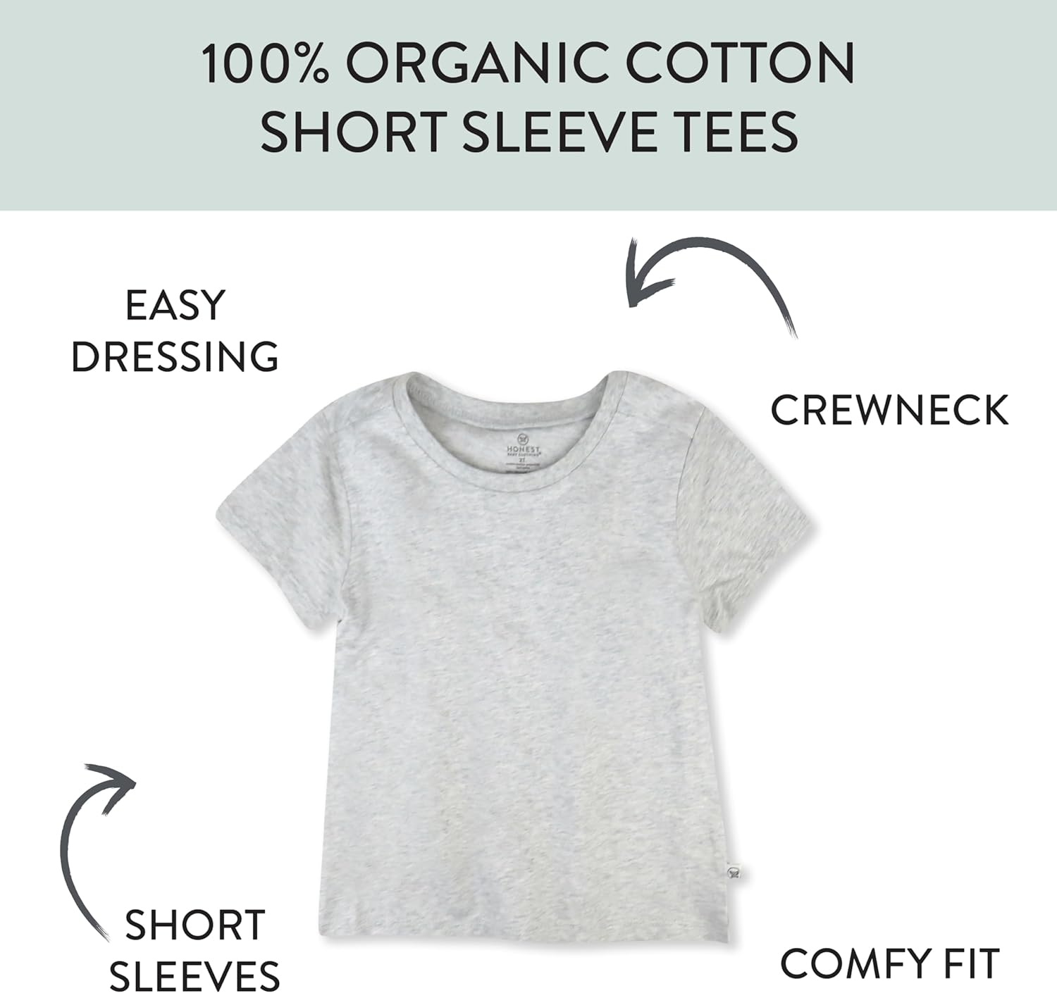 HonestBaby 5-Pack Short Sleeve T-Shirts 100% Organic Cotton Baby, Toddler, Little Kid, Boy, Girl, Unisex