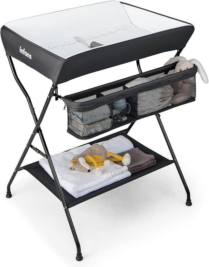 INFANS Baby Changing Table, Folding Diaper Station Portable Nursery Organizer with Safety Belt and Large Storage Racks for Newborn Baby and Infant (Black)