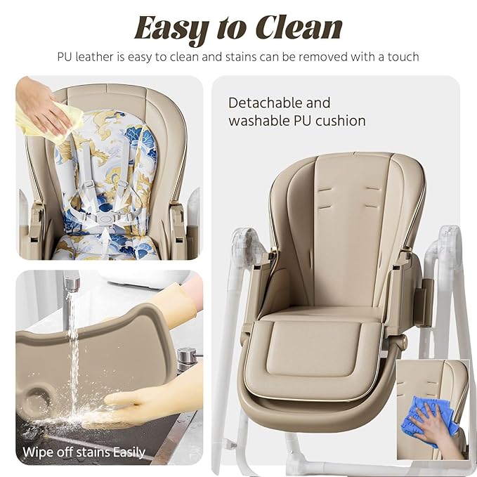 Multi Functional All in 1 Baby High Chair Swings for Infants Foldable Rocking 8 Level Height Adjustment Eco Friendly Washable PU Cushion Ultimate Baby Feeding Chair (Brown)