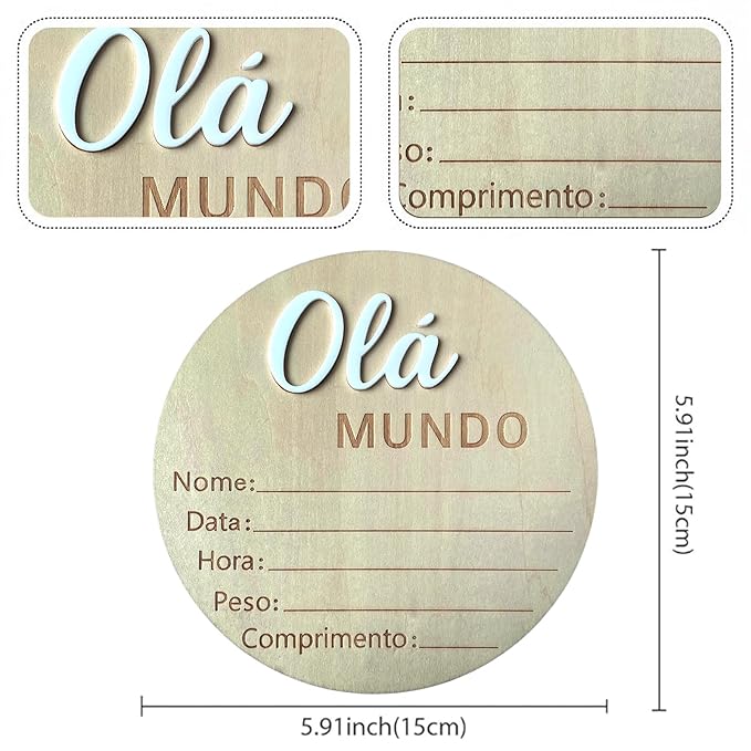 Baby Announcement Sign, 5.9 Inch Wooden Hello World Newborn Signs, "Olá Mundo" Decoration, Birth Announcement Sign, Welcome Newborn Arrival to World, Hospital Nursery for baby