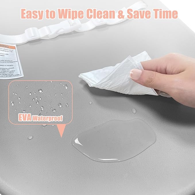 Waterproof Baby Changing Pad, Lightweight and Portable Changing Table with Strap for Changing Diaper, Dresser, Changing Table, Bed, Wipeable Changing Pad, Grey