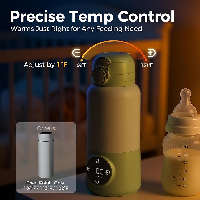 Portable Bottle Warmer for Travel, 15oz Capacity Baby Bottle Warmer with Fast Heating, 12000mAh Battery & Fast Charger, Pasteurization for Hygiene, Precise Temp Control, Leak-Proof (Green)
