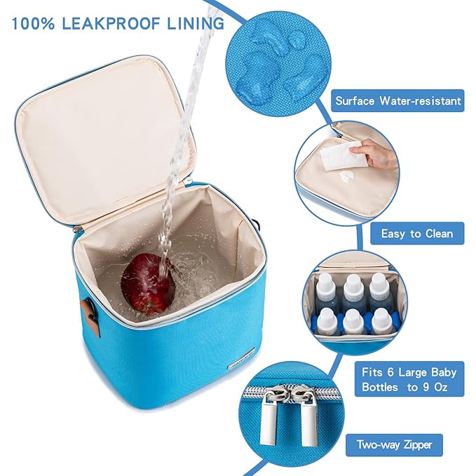 Breastmilk Cooler Bag with Ice Pack Fits 6 Baby Bottles Up to 9 Ounce, Baby Bottle Bag with Shoulder Strap for Nursing Mom Daycare, Blue