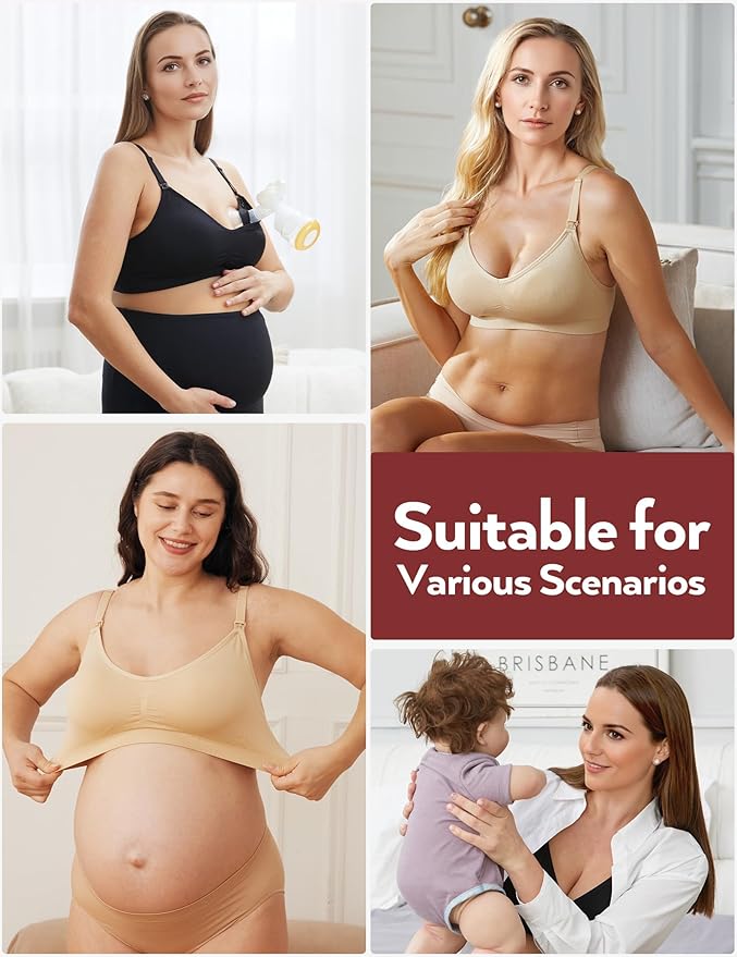 HOFISH Maternity Nursing Bras for Breastfeeding, 3 Pack Pregnancy Deep V Neck Wireless Bra with Extenders & Clips