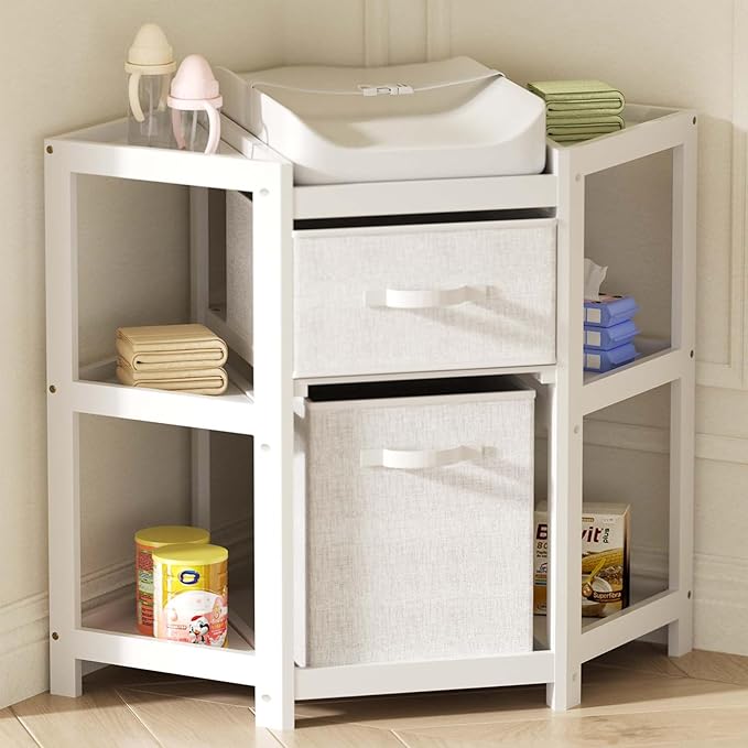 KORIMEFA Changing Table with Drawers, Corner Baby Diaper Changing Station with Laundry Hamper, Storage Bin, and Contoured Pad for Baby - White