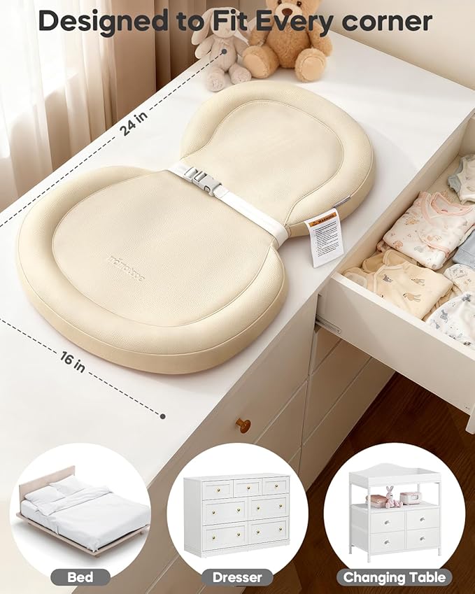 Baby Changing Pad with Waterproof & Wipe-Clean, Non-Slip Foldable PU Diaper Changing Pad, Adjustable Safety Belt, Changing Pad for Dresser, Changing Table,24"X16",Beige