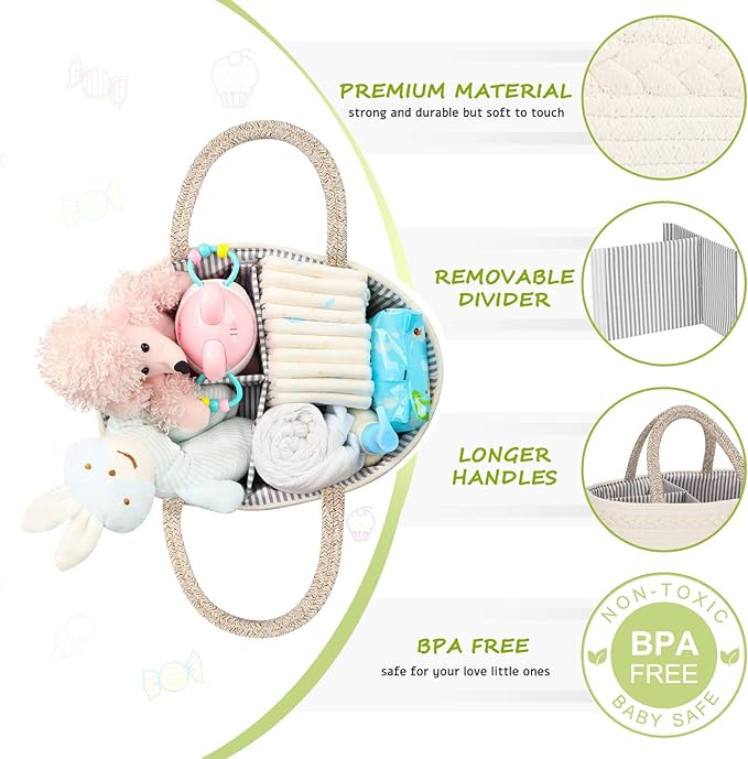 Maliton Baby Diaper Caddy Organizer, X-Large Cotton Rope, Rustic Style, Portable, 3 Compartments, A-Brown