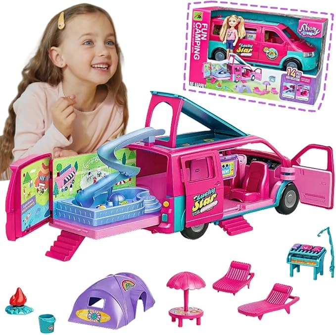 Doll Camper Van Playset for Girls,Portable Pretend Doll Car Set for Kid,Colorful Camper Vehicle RV Van with Furniture, Pool & Accessories,Outdoor Transformable Vehicles, Toddler Toys 3+