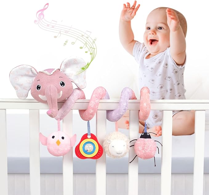 Jollybaby Baby Car Seat Stroller Toys, Plush Activity Hanging Spiral Activity Pram Crib with Music Box, Rattles, Squeaker for Babies Infant Boys Girls(SZ Pink Elephant)