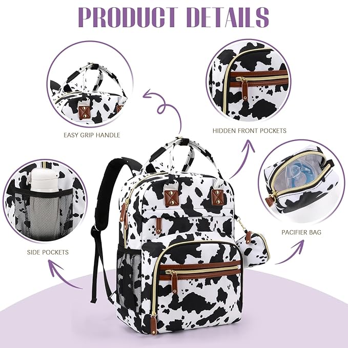 Tuwubi Diaper Bag Backpack, Baby Essentials Travel Tote Bag, Multi function Waterproof Backpacks, Travel Essentials with Stroller Straps & Pacifier Case - Cow Print