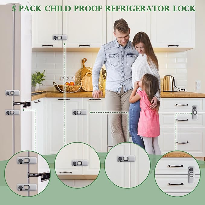 5 Pack Child Proof Refrigerator Lock, Baby Proofing Cabinet Locks, oven lock child safety, fridge lock, for Fridge, Drawers, Dishwasher, Oven, Cupboard, Closet, Adhesive, No Tools Need(Grey)
