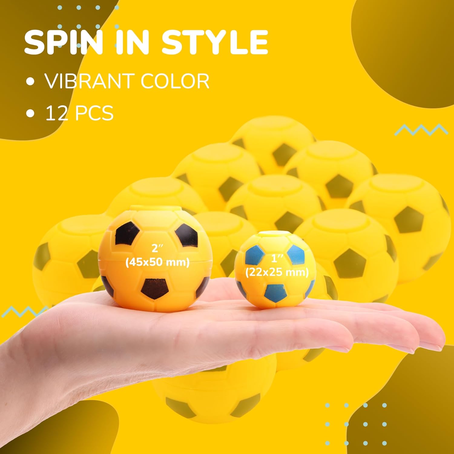 Entervending Fidget Spinners - 2 Inch Stress Balls - 12 Pcs Soccer Party Favors - Yellow Mini Fidget Spinners - Classroom Prizes - Fidget Spinners for Kids - Easter Basket Stuffers