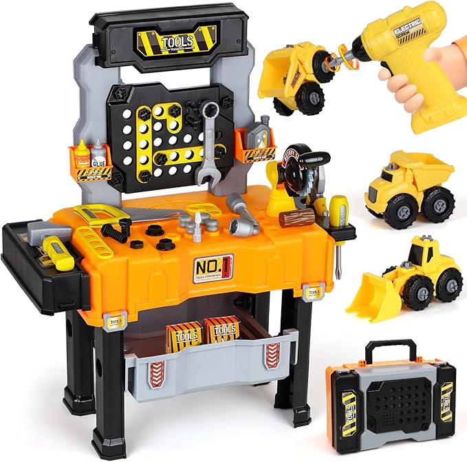 Lehoo Castle Kids Tool Bench with Electric Drill and Construction Vehicles, 2-in-1 Workbench and Toolbox for Toddlers, STEM Learning Toys for Age 3-5, Birthday Gift for Boys & Girls