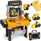 Lehoo Castle Kids Tool Bench with Electric Drill and Construction Vehicles, 2-in-1 Workbench and Toolbox for Toddlers, STEM Learning Toys for Age 3-5, Birthday Gift for Boys & Girls