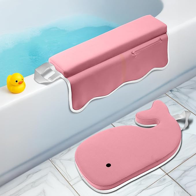 Whale Baby Bath Kneeler and Elbow Rest Set – Extra Thick Padded Cushion – Waterproof Non-Slip Mat with Storage Pockets – Bathtime Safety – Baby Shower or Registry Gift for Moms and Dads (Pink)
