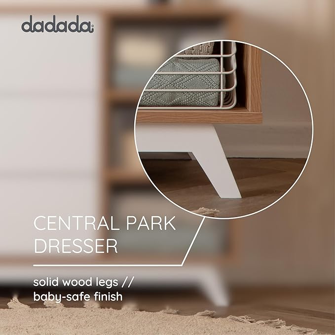 dadada Central Park 3-Drawer Dresser with Open Shelving - Modern Design, Baby-Safe Finish, Forged Steel Support, Sturdy Wood Legs, for Nursery, Kids or Teen Room, 47” Wide (White+Red Oak)