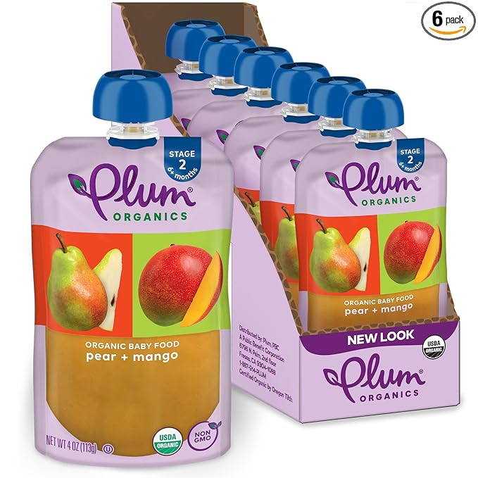 Plum Organics Stage 2 Organic Baby Food - Pear and Mango - 4 oz Pouch (Pack of 6) - Organic Fruit and Vegetable Baby Food Pouch