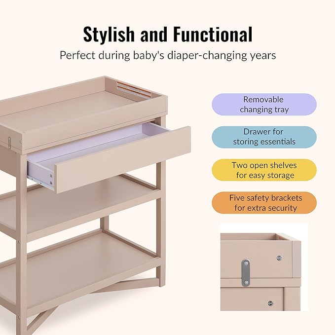 Dream On Me Owen Changing Table in Almond Butter, JPMA Certified, with Two Bottom Shelves for Storage