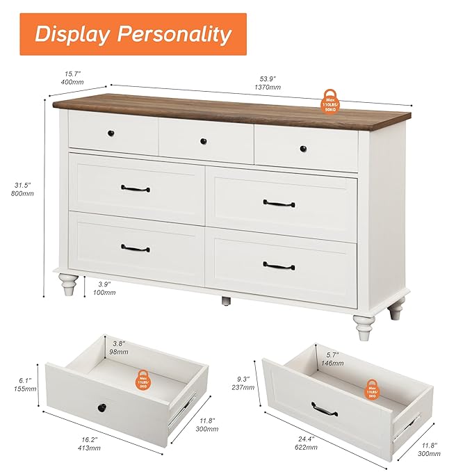 WAMPAT Kids Dresser with 7 Drawers for Bedroom, White Baby Dresser for Nursery & Kids Room, Mid Century Modern Chests & Dressers, Distressed Wide Dressers Organizer for Children’s Bedroom, 54 Inch