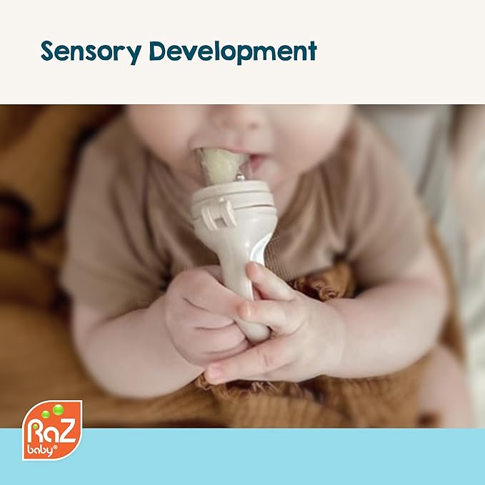 RaZbaby Baby Solids/Frozen Fruit Feeder Pacifier, Infant Teether Toy 6M+, BPA-Free, Safely Introduce Solids, Natural Teething Relief, Dishwasher Safe, Freezable – Blue & Orange 2-Pack