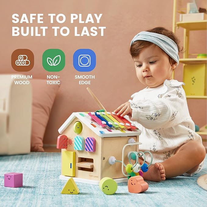 Tiny Land 9-in-1 Wooden Activity Cube, Montessori Baby Activity Center for 1+ Year Old, Educational Toy for Toddlers, Ideal Gift for Girls and Boys (Rainbow)