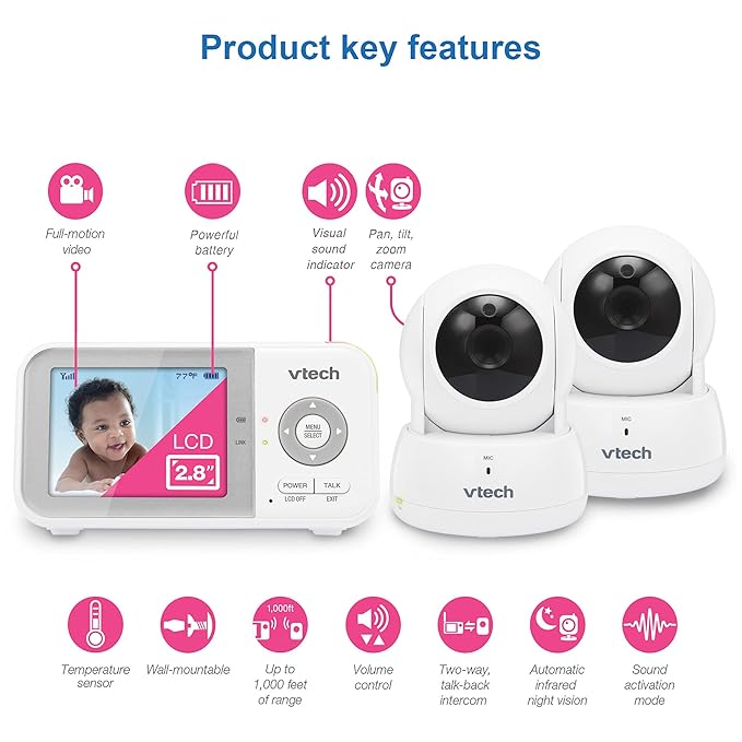 VTech VM923-2 Baby Monitor, 2.8”Screen, 1000ft Range, Pan-Tilt-Zoom, Night Vision, 2-Way Audio, Temperature Sensor, Lullabies, Secured Transmission No WiFi