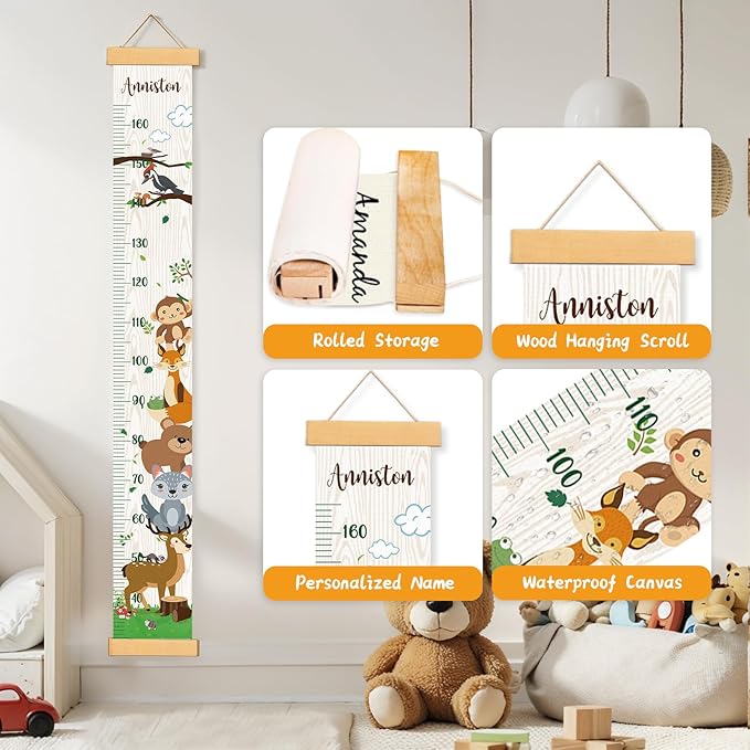 Personalized Name Growth Chart Wall Decor for Kids – Canvas Removable Height Chart Measuring Ruler 59" x 7.9" (Zoo）