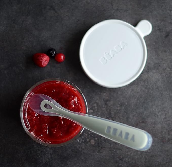 BEABA Baby's First Foods Spoon Set, Original Silicone Baby Spoons, 4 Pack, BPA Lead & Phthalate Free, Gray