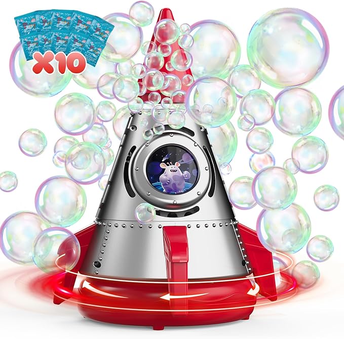Rocket Bubble Machine for Kids with Lights, 360° Rotating Bubble Blower Toy with 10 Refill Solutions, Bubble Maker for Toddlers, Fun Outdoor Party Gift for Boys & Girls RED