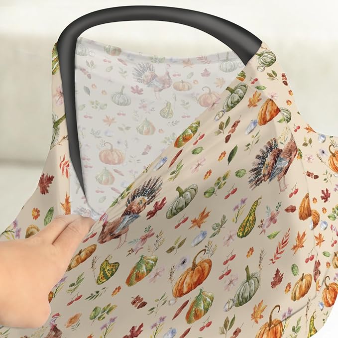 Thanksgiving Turkey Pumpkins Car Seat Covers Vintage Autumn Leaves Stretchy 5-in-1 Cover Adjustable Infant Carseat Cover Canopy Fall Harvest Breathable Nursing Cover-Up