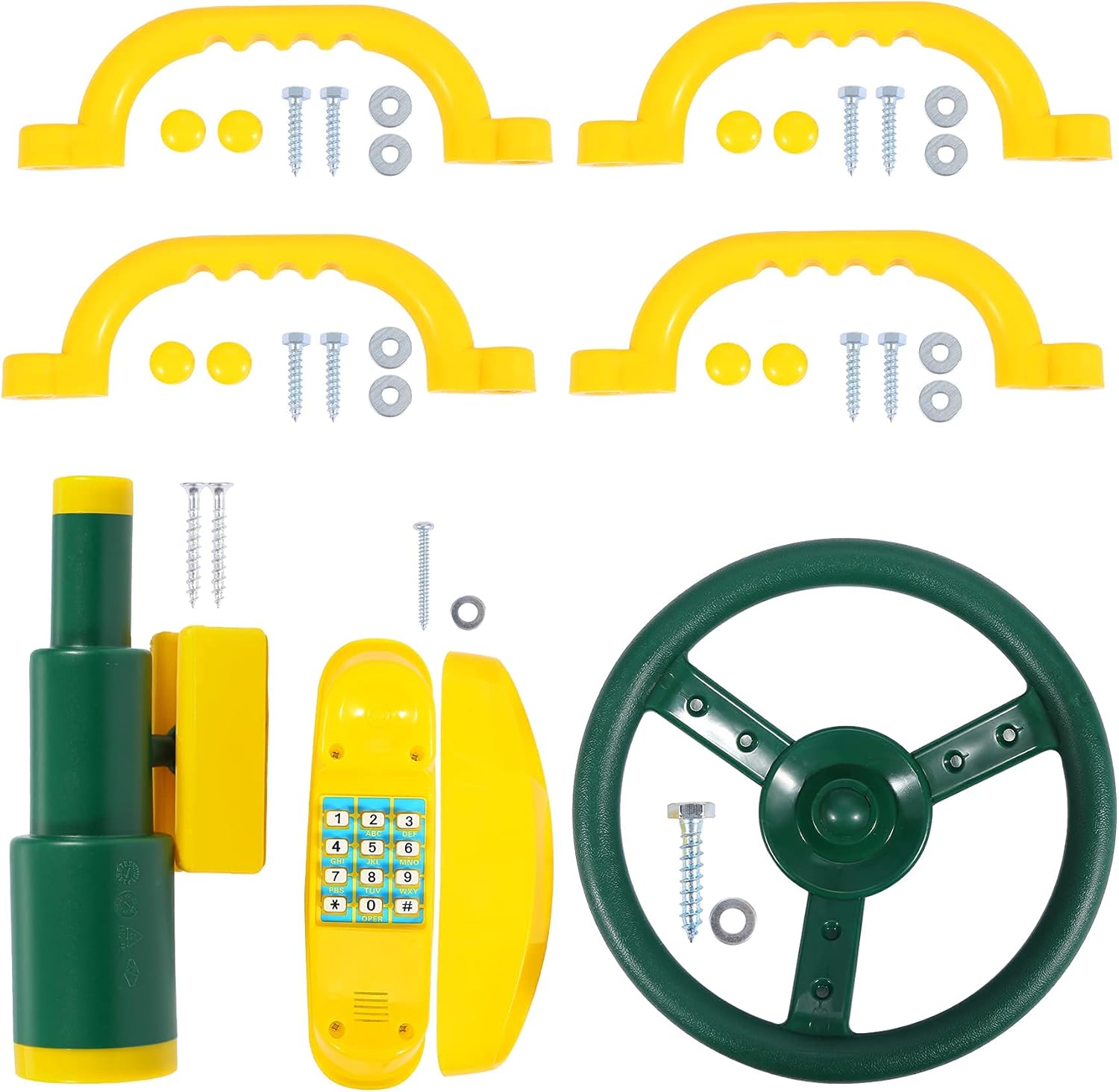 RedSwing Playground Accessories for Kids, Outdoor Swingset Attachments with Pirate Ship Wheel, Toy Telescope, Telephone and Safety Handles (Yellow and Green)
