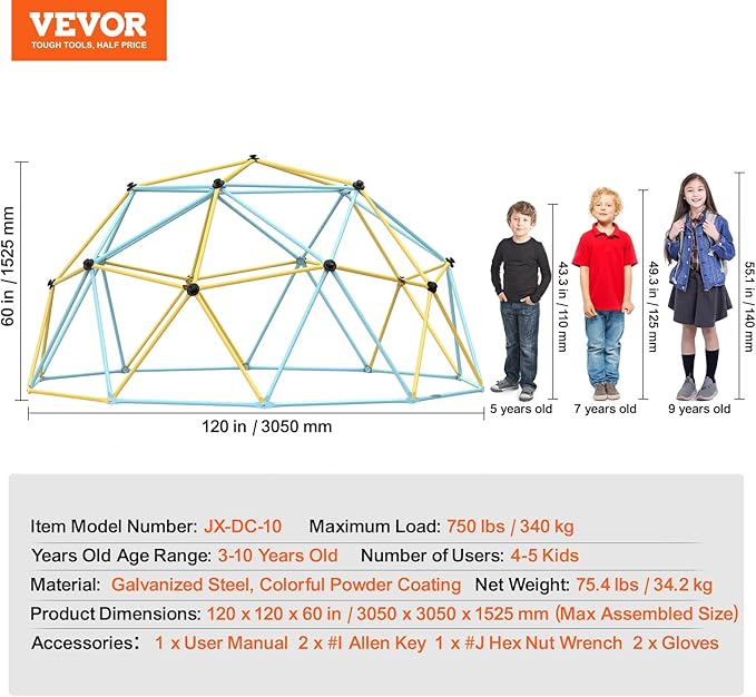 VEVOR Climbing Dome, 10FT Geometric Dome Climber Play Center for Kids 3 to 10 Years Old, Jungle Gym Supports 750LBS and Easy Assembly, with Climbing Grip, Outdoor Backyard Play Equipment for Kids