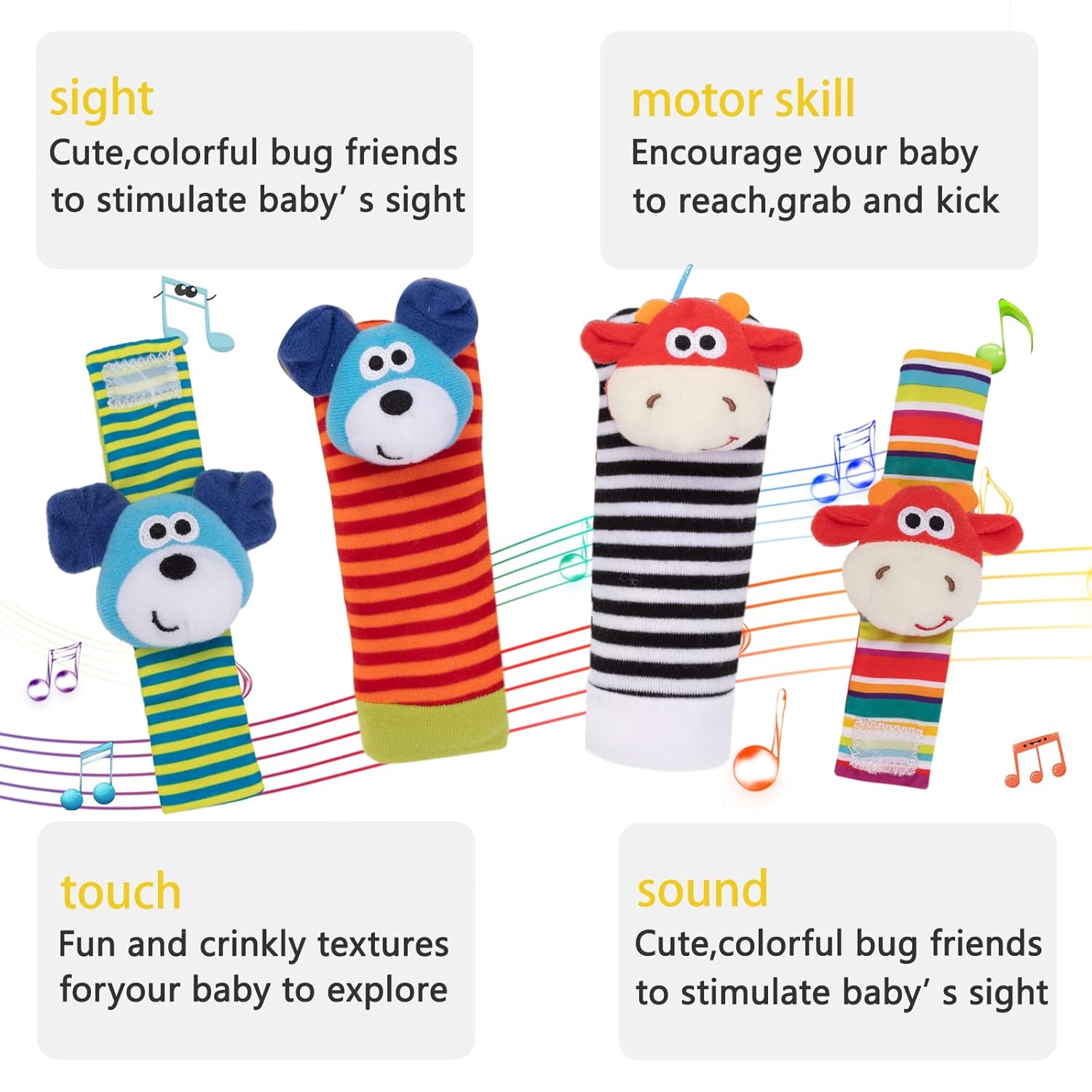 4 Pack Baby Wrist Rattles - Animal Socks Set for Toddlers 1-3, Early Learning Toys