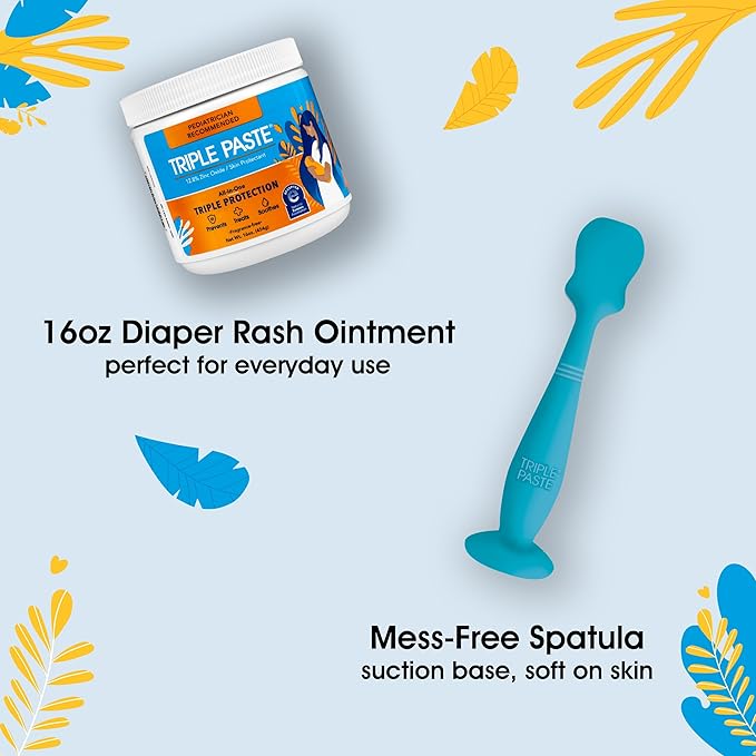 Triple Paste Diaper Rash Cream and Spatula Bundle - 16 oz Zinc Oxide Ointment and Spatula Treatment, Soothe and Prevent Rash with a Pediatrician-Recommended Hypoallergenic Formula