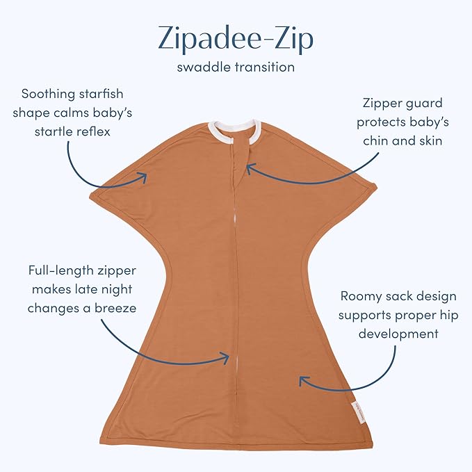 SleepingBaby Zipadee-Zip Transition Swaddle - Cozy Baby Swaddle Blanket with Zipper Convenience - Roomy Wearable Blanket for Easy Diaper Changes - Spice, X-Small (3-6 Month)