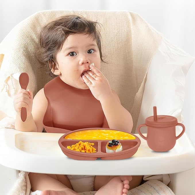 100% Silicone Baby Feeding Set,BPA Free Baby Dishes Set with Suction Bowl Divided Plate,Toddler Self Feeding Dish Set with Spoons Forks Sippy Cup and Bib, Baby Eating Utensils(Carrot)