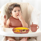 100% Silicone Baby Feeding Set,BPA Free Baby Dishes Set with Suction Bowl Divided Plate,Toddler Self Feeding Dish Set with Spoons Forks Sippy Cup and Bib, Baby Eating Utensils(Carrot)