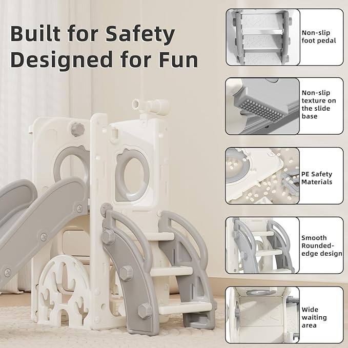 KORIMEFA 7 in 1 Toddler Slide, Kids Slide for Toddlers Baby 1-3 Years Old, Indoor and Outdoor with Basketball Hoop & Golf Set, Plastic Slides for Kids Easy Assembly, Grey