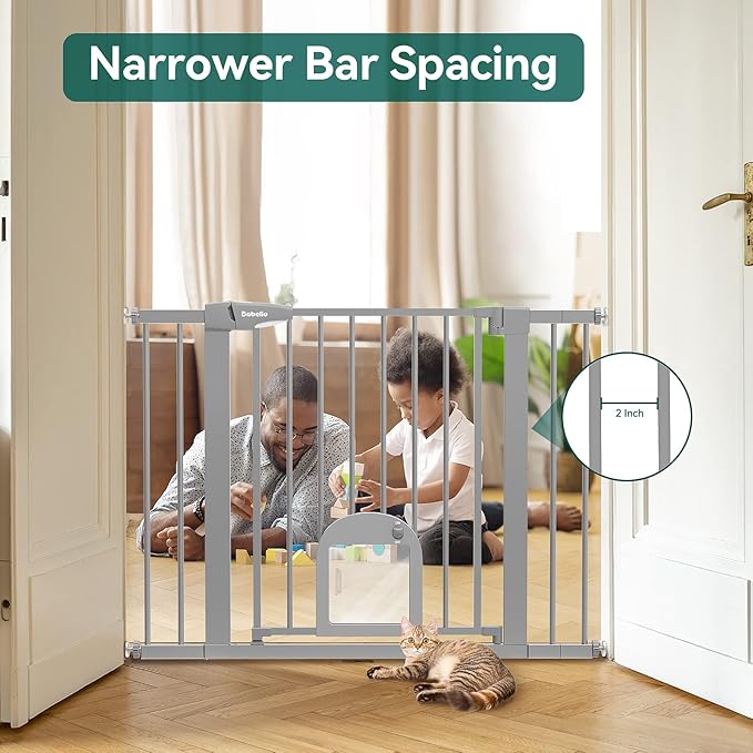 Babelio Baby Gate with Adjustable Cat Door,29-43" Auto Close Durable Pet Door for Stairs,Doorways and House, Pressure Mounted,Easy Install,Effortless Walk Thru,Gray