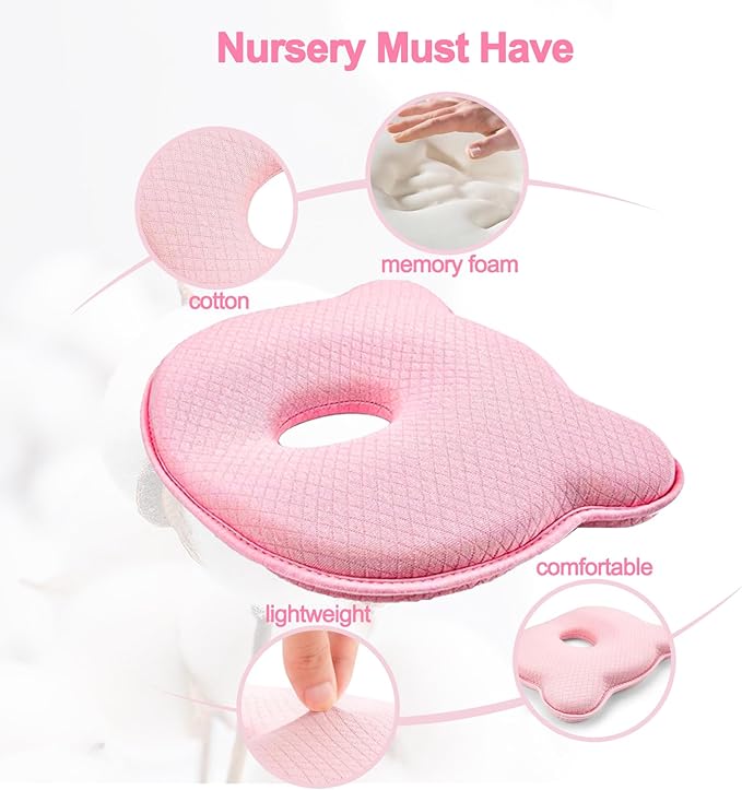 Memory Foam Baby Pillow, Portable Cartoon Bear Soft and Cozy Pillow, Breathable Bedding Set for Infants for Small Boys and Girls(Pink)