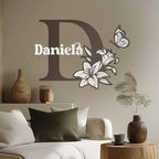 CRYPTONITE Custom Name & Initial with Lily and Butterfly I Flower Wall Decals for Bedroom Decor | Custom Decal for Girl Bedroom Decor I Pink Room Decor for Little Girl Room Decor (B. Flower)